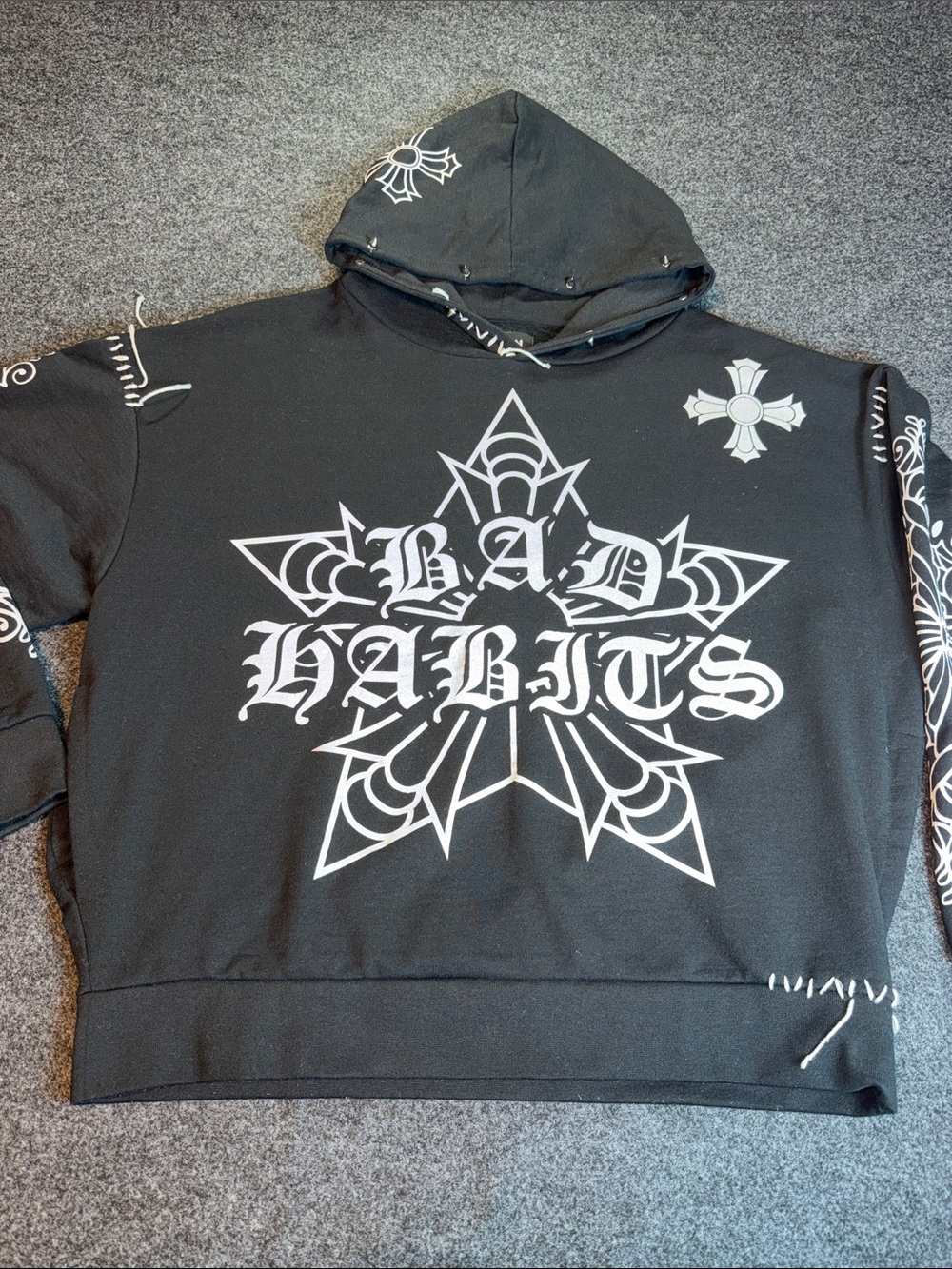Bad Habit Black Crewneck Hoodie with White Graphic/ Spikes On Hoodie